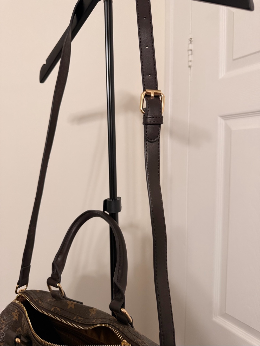 Brown Monogram-Style Top-Handle Satchel with Adjustable Strap - Picture 4 of 6